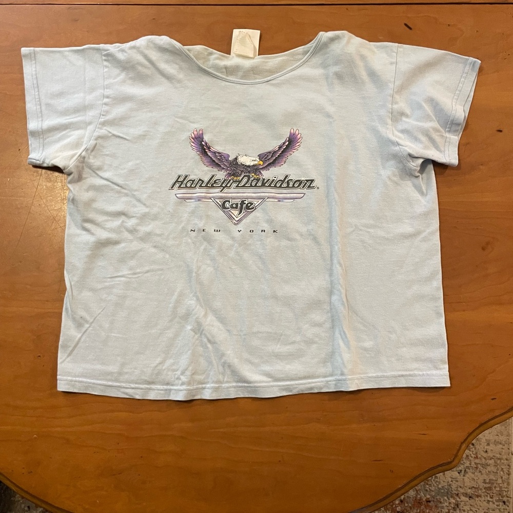 Harley-Davidson Cafe NY Early 2000s Light Blue Crop Top with Eagle Graphic SizeM